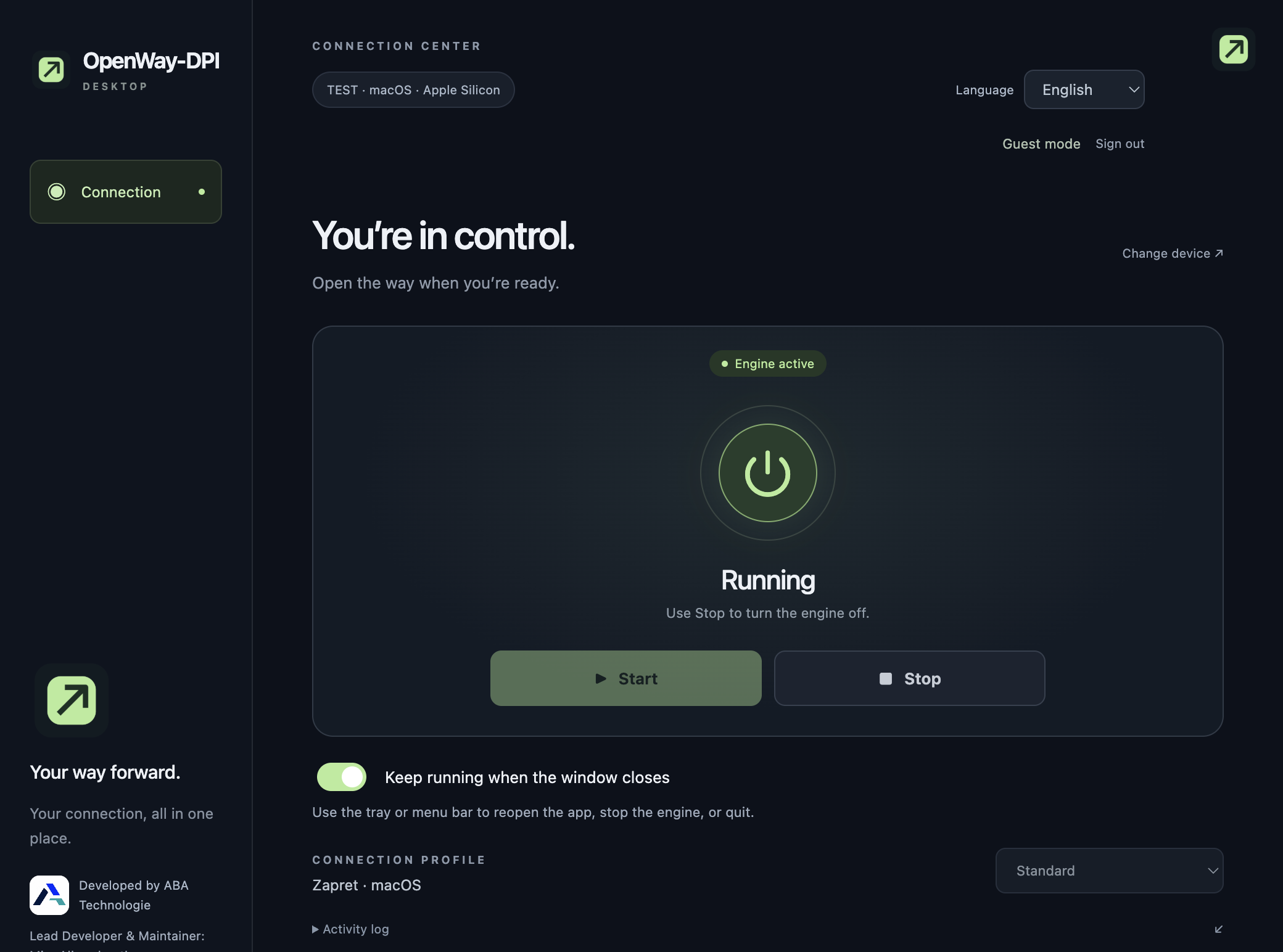 OpenWay-DPI desktop interface with Start, Stop, and background mode controls